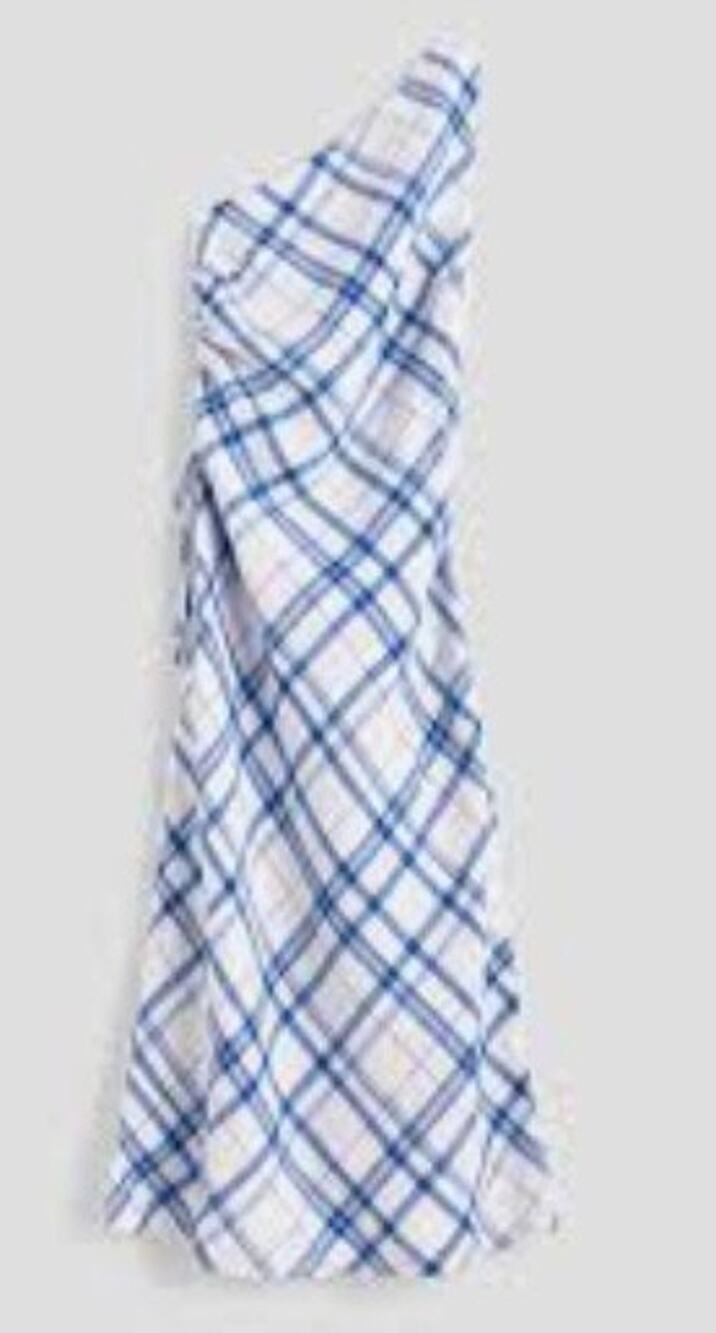 Madewell Ruched One-Shoulder Midi Dress Blue and White Plaid Sz 4